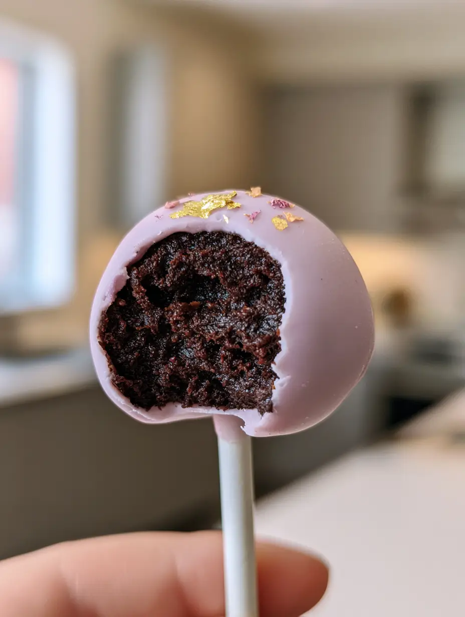 Close up of a bite-sized chocolate cake pop with lavender coating and gold leaf. (cake pop flavors)