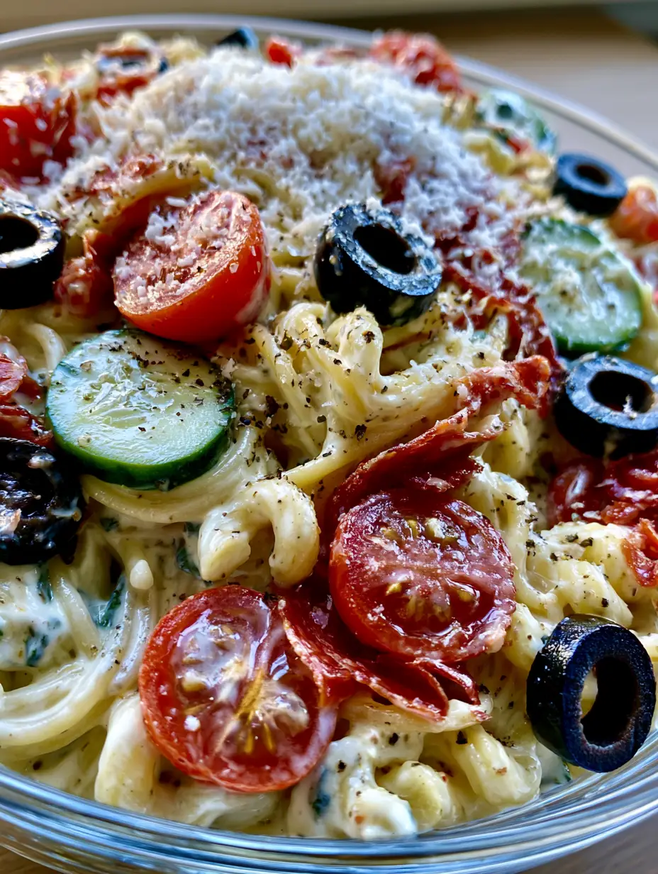 A macro photo of vibrant gourmet pasta salad in a glass bowl with creamy dressing. (Cinnamoroll acrylic painting)
