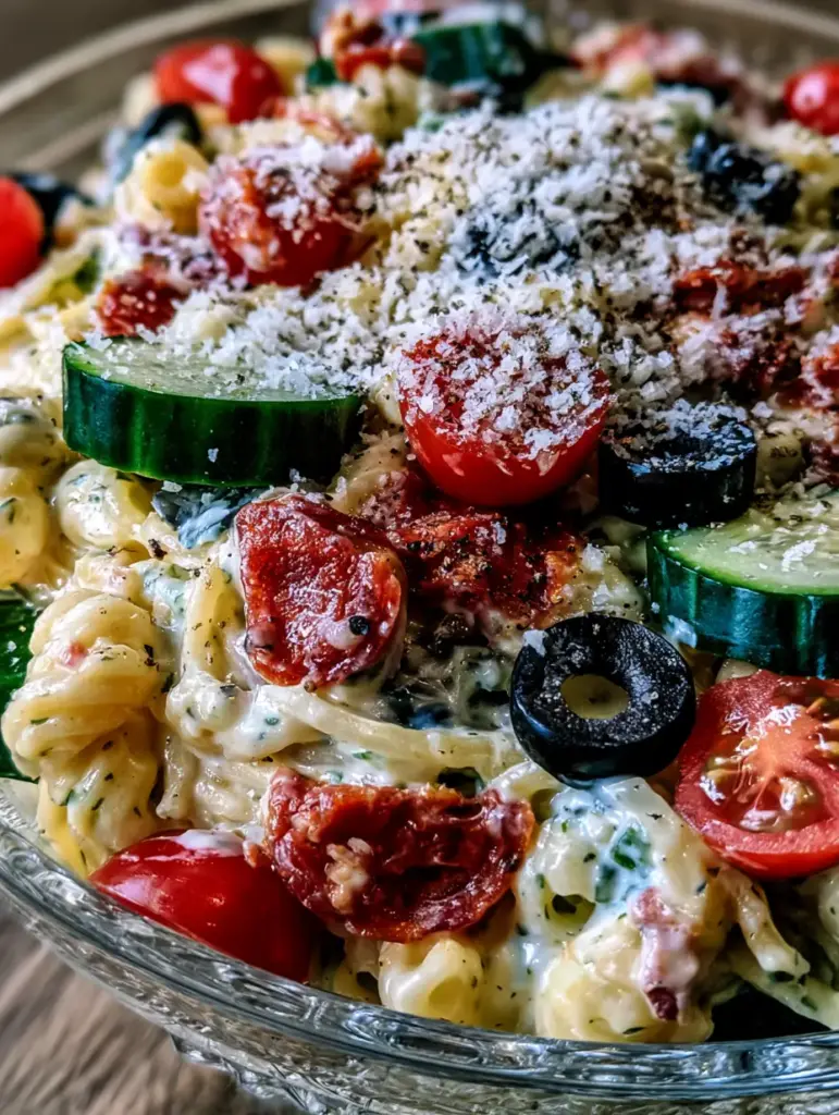 Close up of halved cherry tomatoes and pepperoni in a creamy pasta salad. (Cinnamoroll acrylic painting)