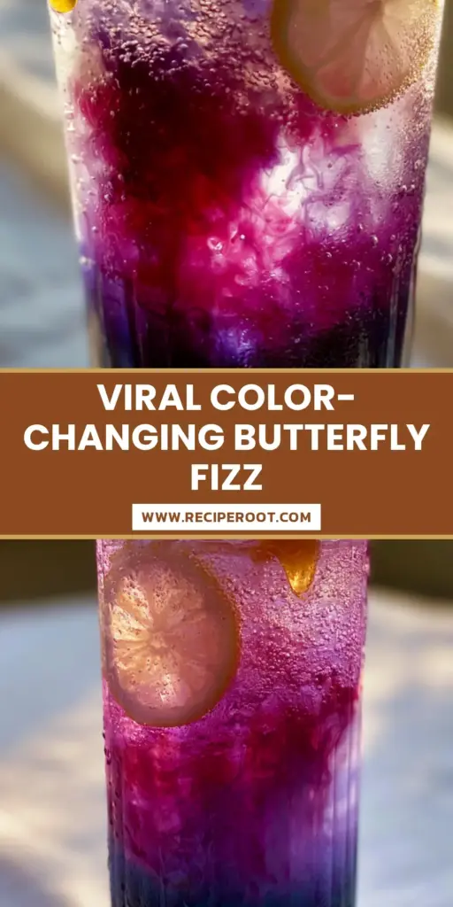 A handheld smartphone photo of a tall ribbed glass containing a Honey Lemon Butterfly Fizz with a vertical gradient of indigo, purple, and magenta, garnished with mint and a lemon wheel.