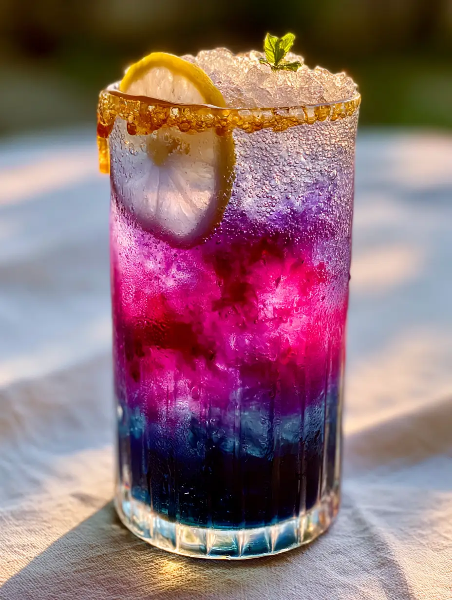 Close-up of the Honey Lemon Butterfly Fizz showing the effervescent soda bubbles and the deep indigo tea base in a ribbed glass.