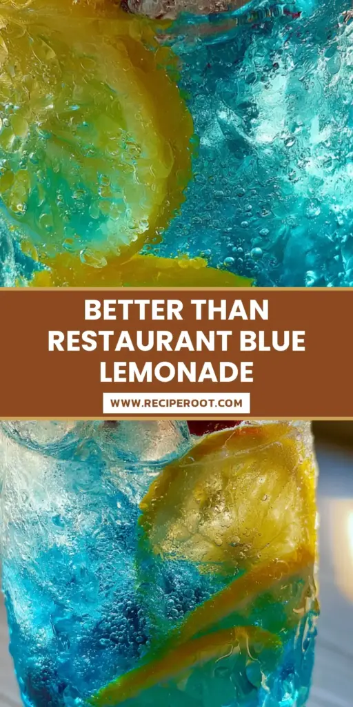A tall glass of glowing blue raspberry lemonade with lemon slices and raspberries on a wooden table. (blue raspberry lemonade)