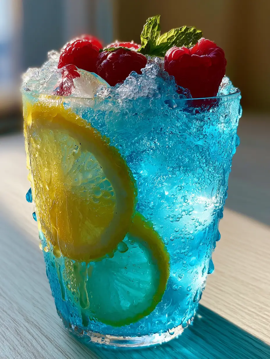 Extreme close-up of a sweating glass of neon blue raspberry lemonade with carbonation bubbles. (blue raspberry lemonade)