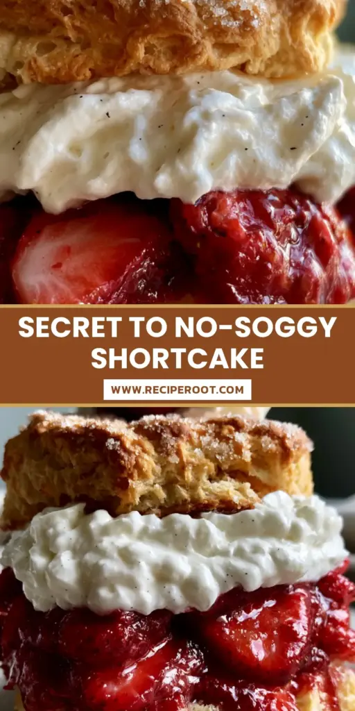 A towering Strawberry Shortcake recipe stack with a flaky biscuit, red glistening strawberries, and stiff-peak whipped cream on a rustic plate.