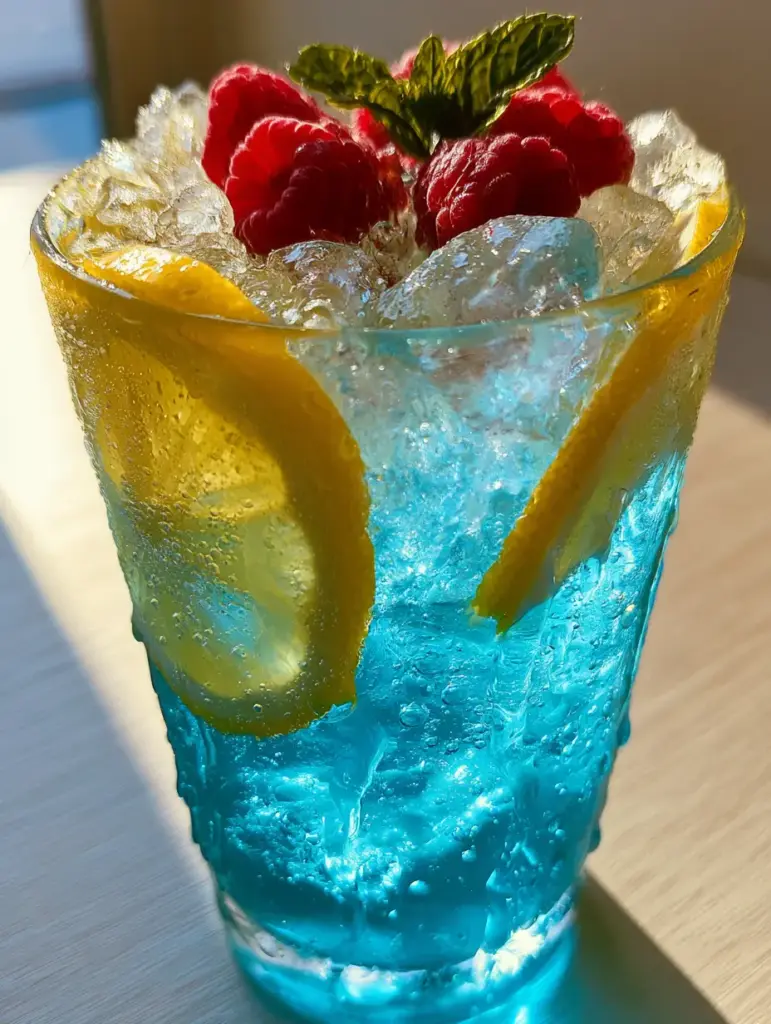 Handheld smartphone photo of blue raspberry lemonade with crushed ice and fresh raspberries at golden hour.