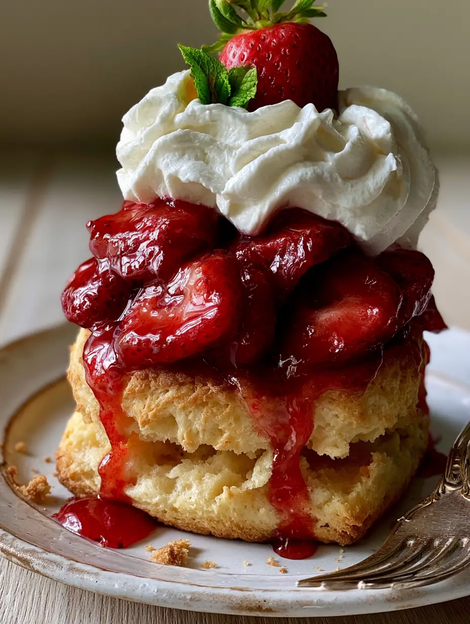 Macro close-up of a split buttermilk biscuit showing flaky crumb and syrup-soaked strawberries. (Strawberry Shortcake recipe)