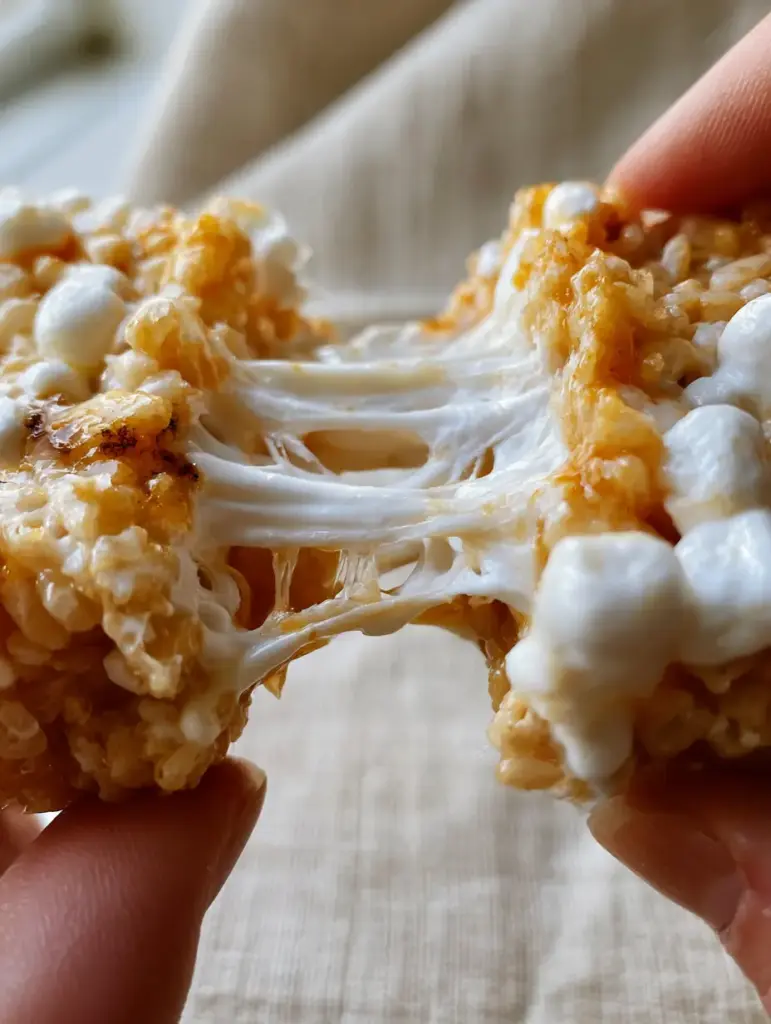 A top-down view of the chunky texture of brown butter rice krispie treats with visible whole marshmallows.
