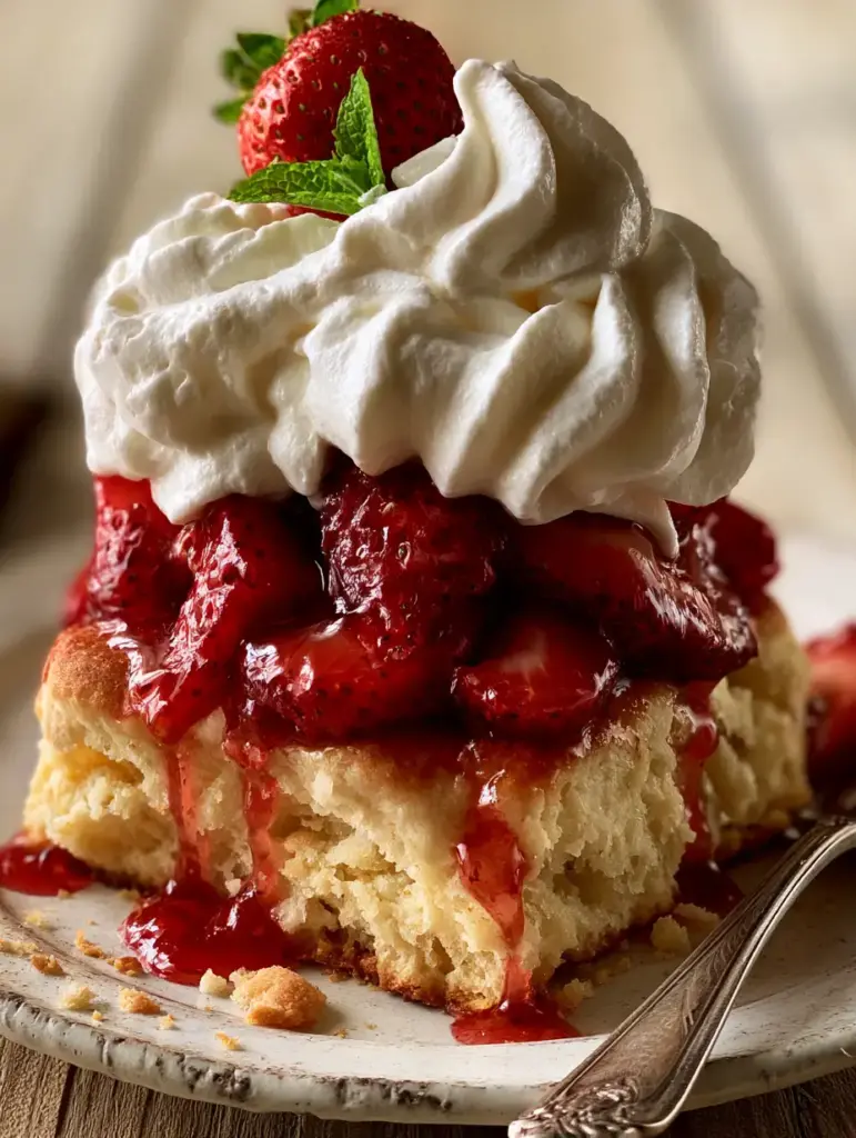 A massive dollop of stiff-peak whipped cream topped with a whole strawberry and mint sprig.