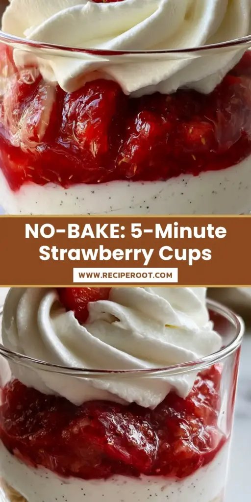 A handheld clear crystal glass showing layered strawberry shortcake cups with graham cracker crust, cream cheese, and macerated strawberries.