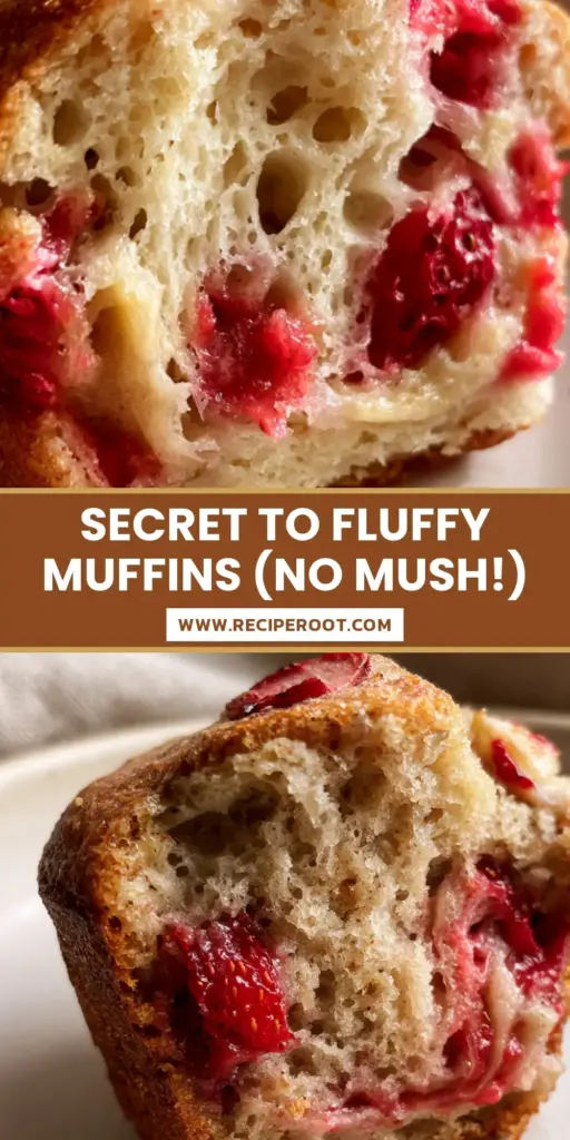 A close-up shot of several golden-brown strawberry banana muffins with visible strawberry slices on top and a light flour dusting.