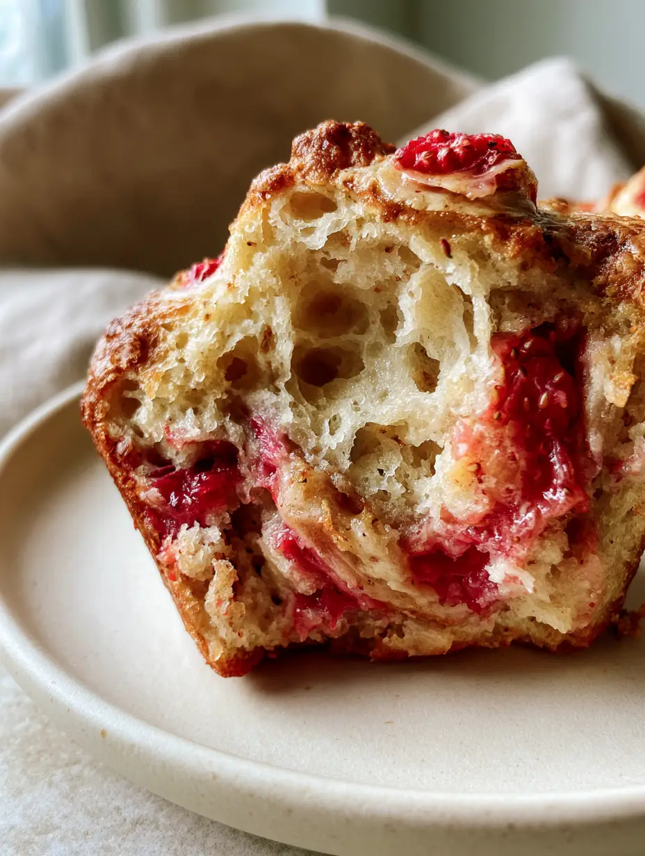Extreme macro close-up of a strawberry banana muffin broken in half showing an airy and porous internal crumb with red strawberry chunks.