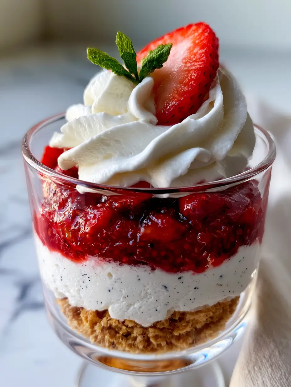 Close-up of strawberry shortcake cups showing the distinct layers of vanilla bean cream and ruby-red strawberries. (strawberry shortcake cups)