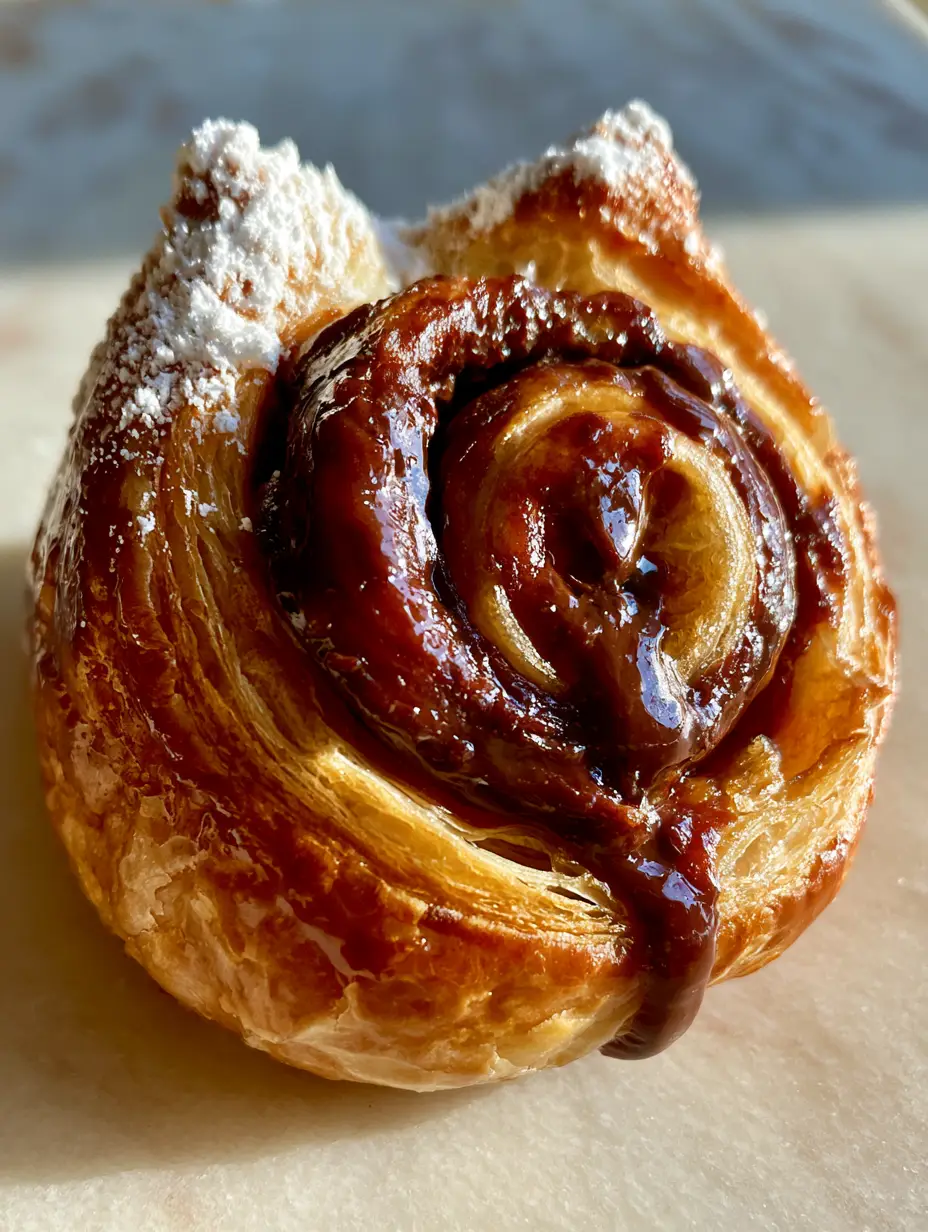 Extreme close-up of a Nutella roll showing thousand-layer shatter-crust and glossy hazelnut ooze. (Nutella rolls)