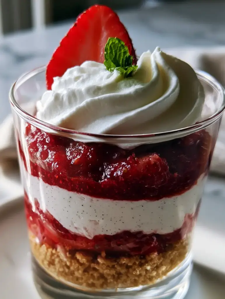 A massive swirl of stiff peaked whipped cream on top of delicious strawberry shortcake cups.