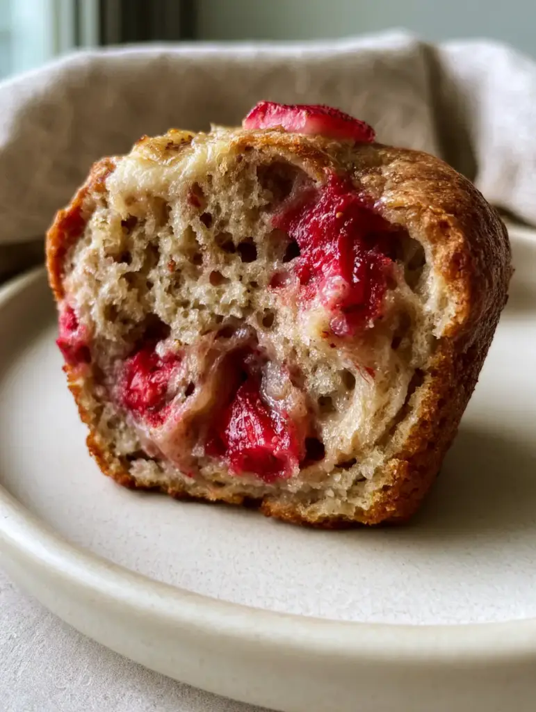 A halved strawberry banana muffin on a ceramic plate, highlighting caramelized banana ribbons and juicy strawberry pieces.