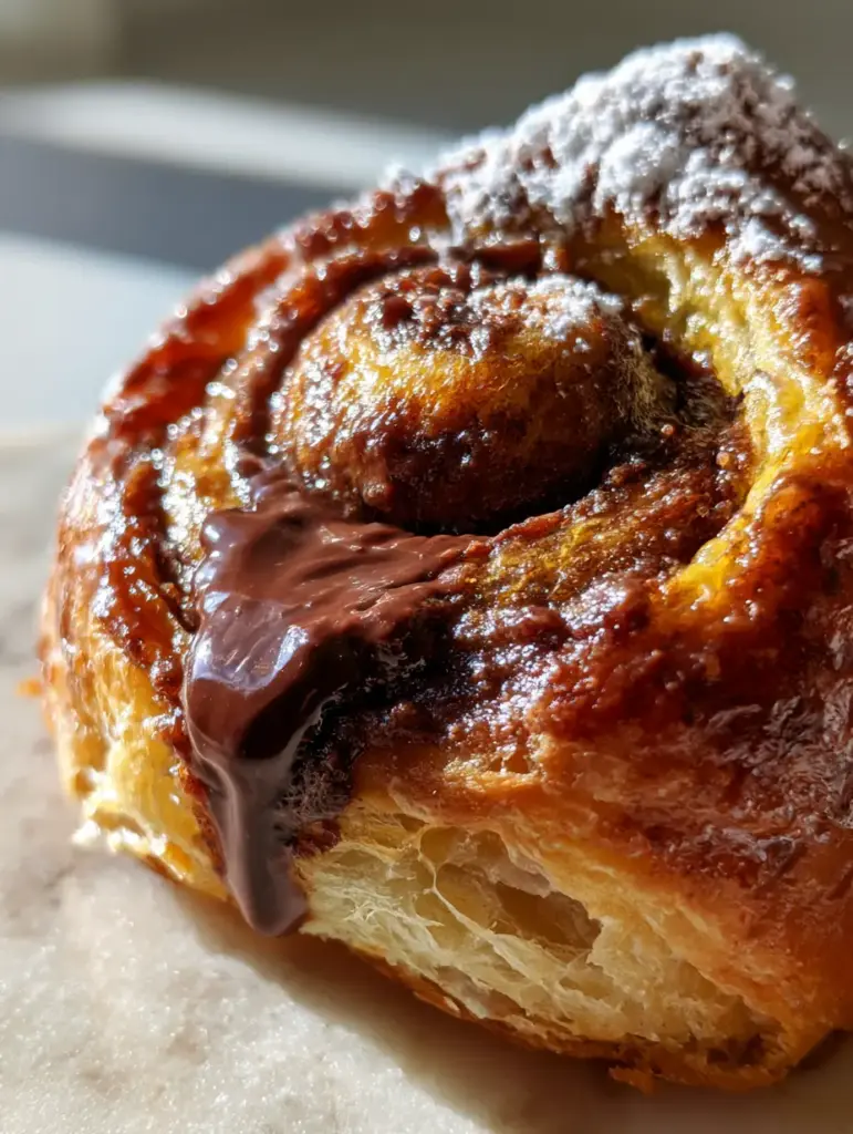 Macro shot of a Nutella puff pastry roll with powdered sugar highlights and a golden egg-wash glaze.