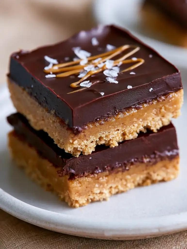 Side view of stacked no-bake chocolate peanut butter dessert bars revealing the thick ganache and graham cracker foundation.
