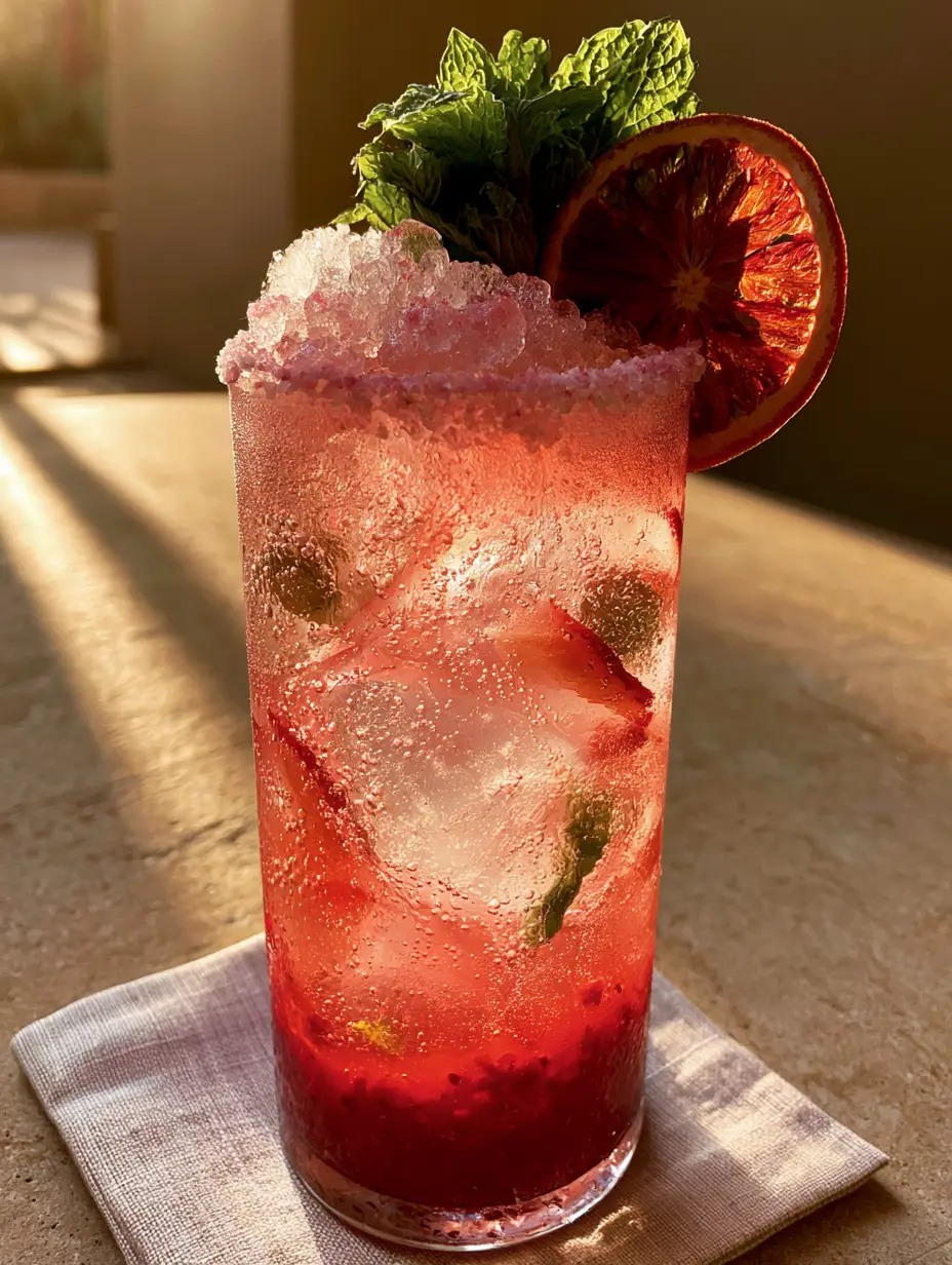 Close up of a tall highball glass with condensation, featuring ruby-red raspberry puree and sparkling pink liquid (summer mocktail recipes).