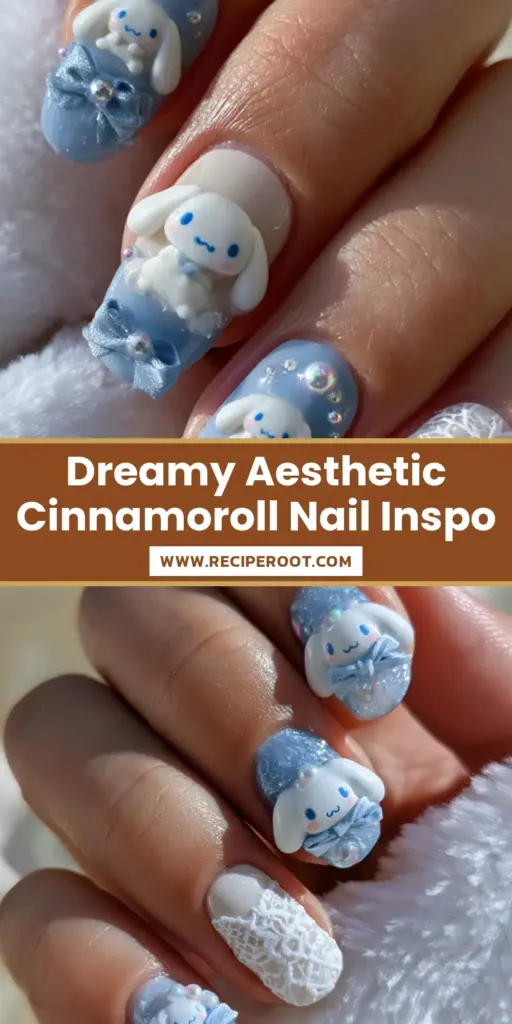 Luxury Cinnamoroll nails with cornflower blue jelly polish, 3D character charms, and iridescent pearls held against white plush fabric.