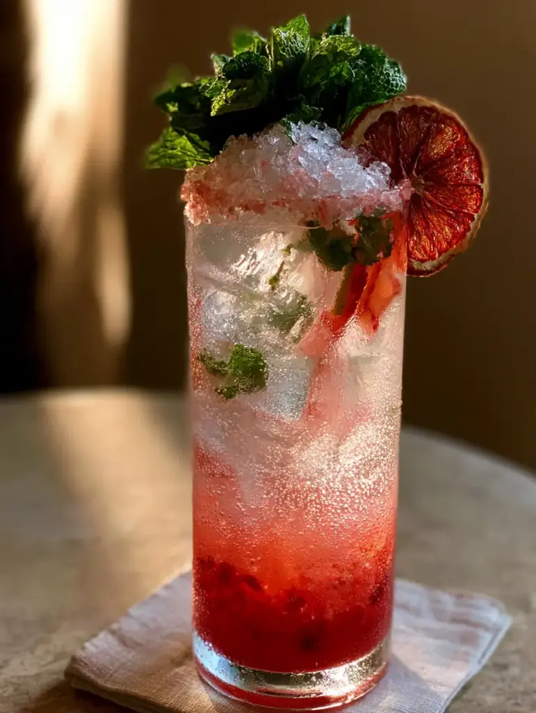 Detailed view of artisanal square ice cubes and botanical garnishes in a hibiscus spritz.