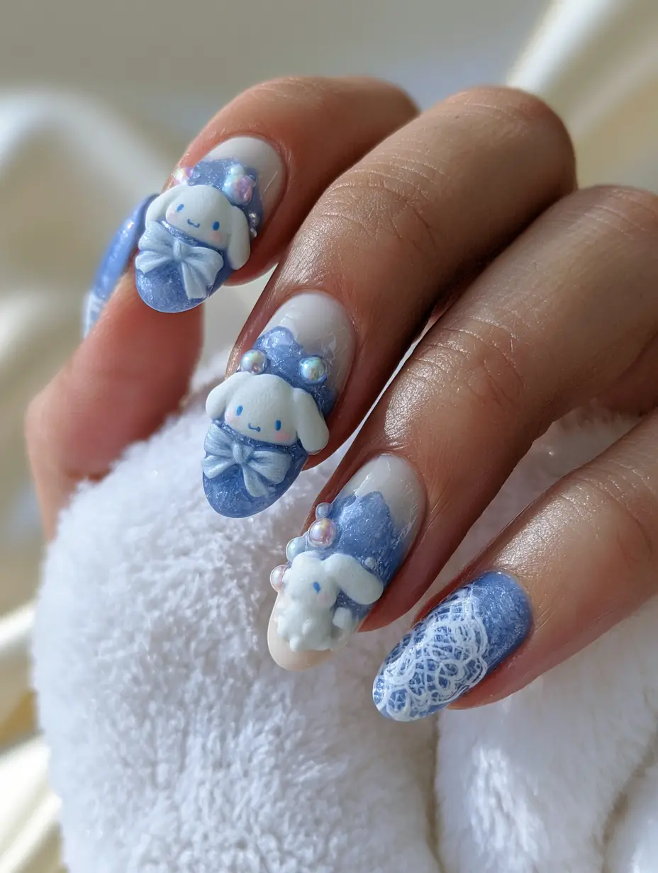 Macro view of Cinnamoroll nails showing translucent blue jelly texture and hand-painted white lace details.