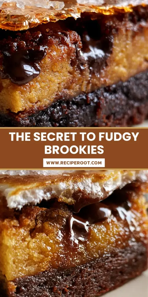 A stack of layered brown butter brookies showing the dark mahogany brownie base and golden cookie top with flaky salt.