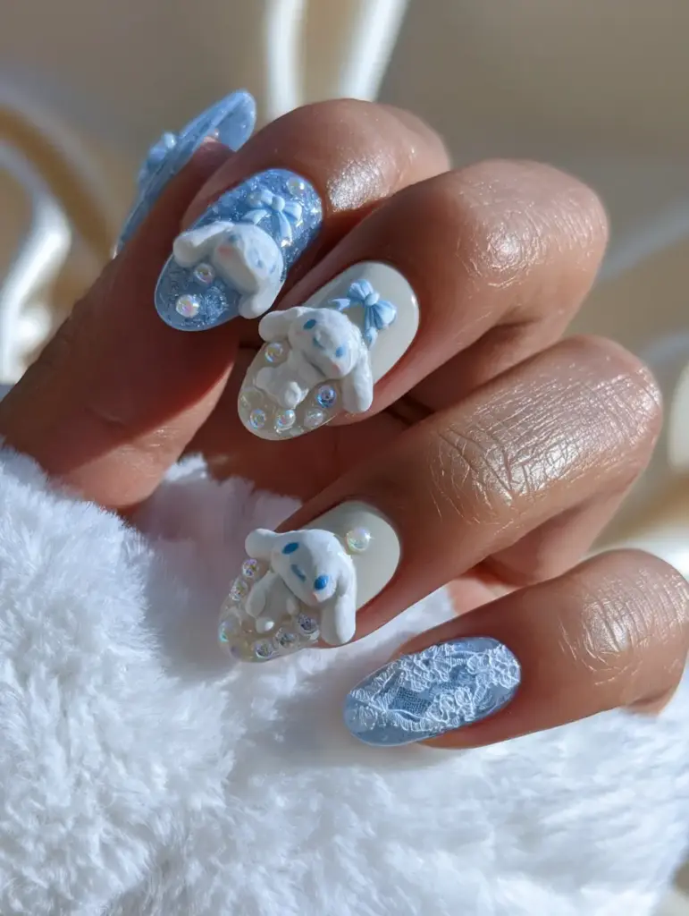 Close-up of Cinnamoroll nails reflecting soft natural window light, highlighting the glossy top coat and 3D charms.