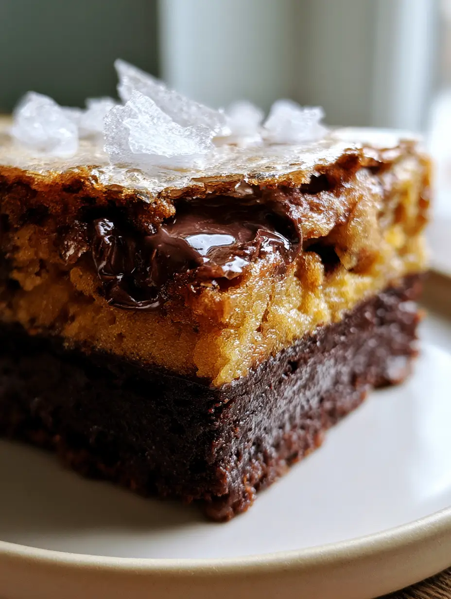 Macro close-up of brown butter brookies reveal a moist gooey center and molten dark chocolate chunks.