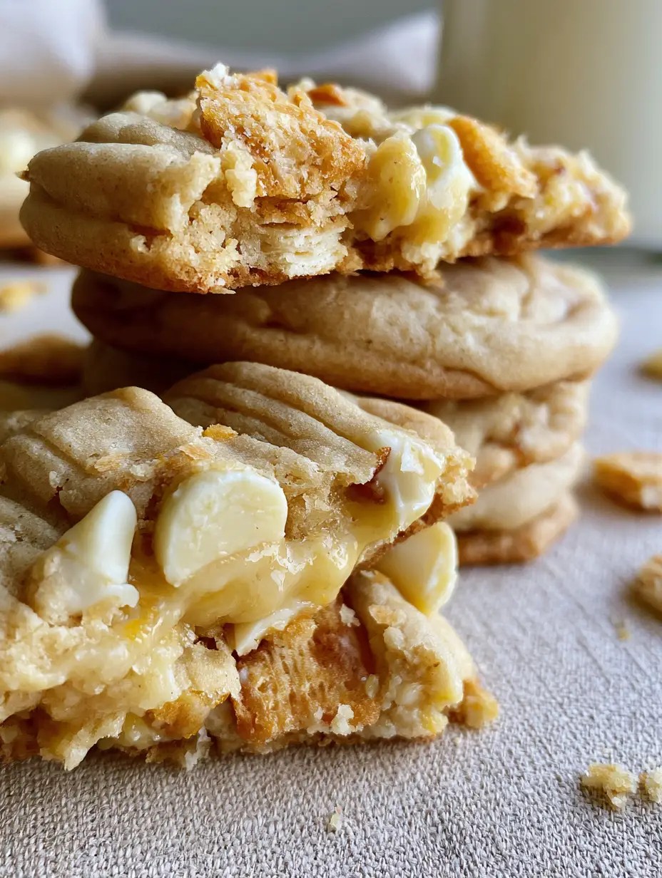 Smartphone photo of banana pudding cookies stacked high with one broken open to show the gooey yellow pudding center.