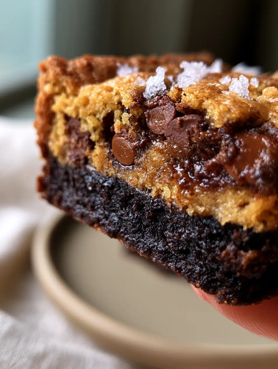 Macro handheld photo showing a cross-section of a Brookie bar with obsidian-dark brownie and melted chocolate pockets. (Brookies Cookies)