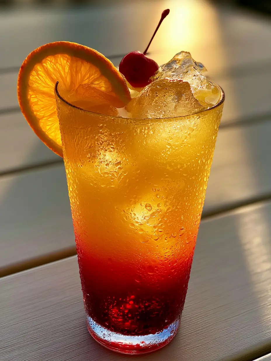 Smartphone photo of a Malibu Sunrise on a wooden table in golden hour sunlight, featuring clear ice and condensation droplets.