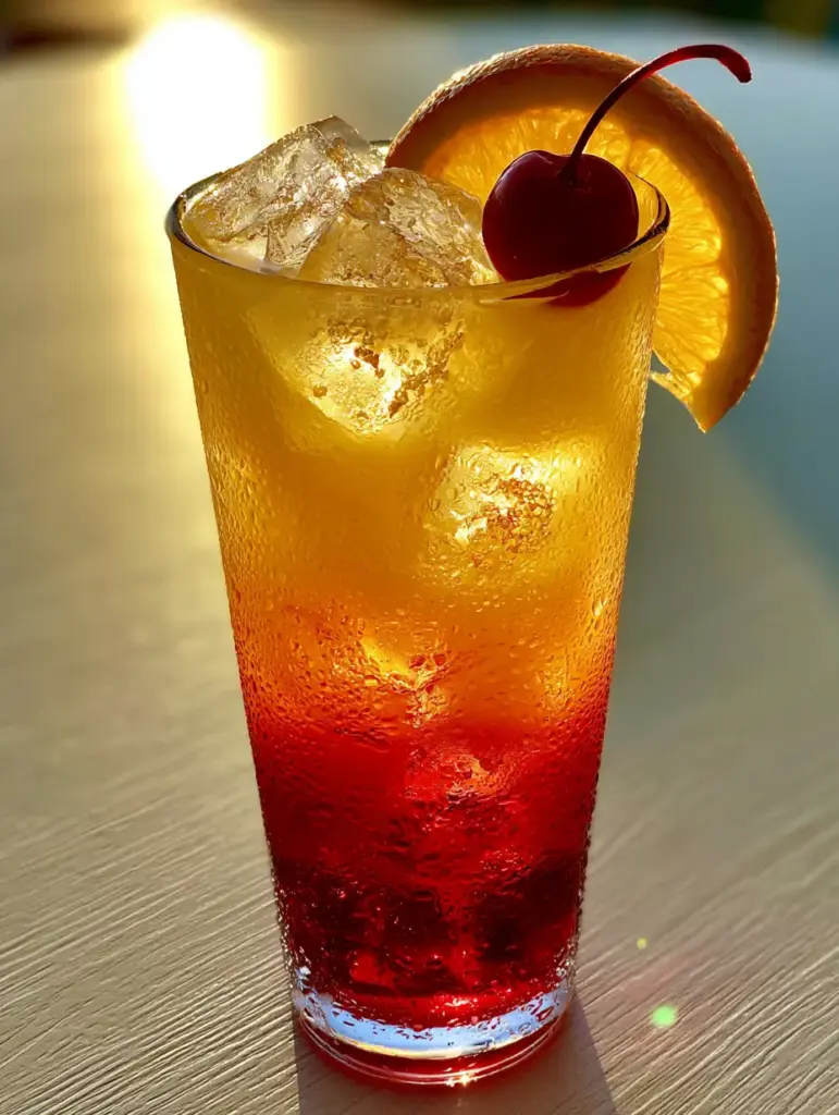 Close-up of a Malibu Sunrise cocktail highlighting the citrus pulp, tiny bubbles, and the glossy maraschino cherry garnish.