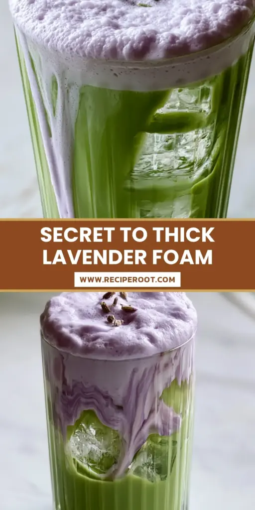 A tall ribbed glass of iced matcha topped with thick Lavender Cold Foam and three dried buds on a marble counter.