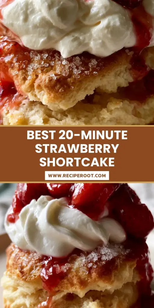 A towering, rustic strawberry shortcake on a white plate featuring a sparkling turbinado sugar biscuit and glistening red fruit. (Easy Strawberry Shortcake Recipe)