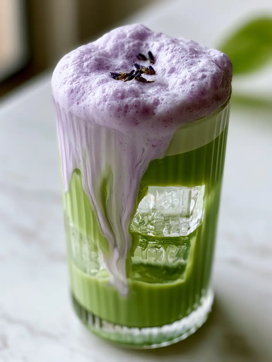 Close up of pale purple Lavender Cold Foam ribbons bleeding into a green matcha latte.