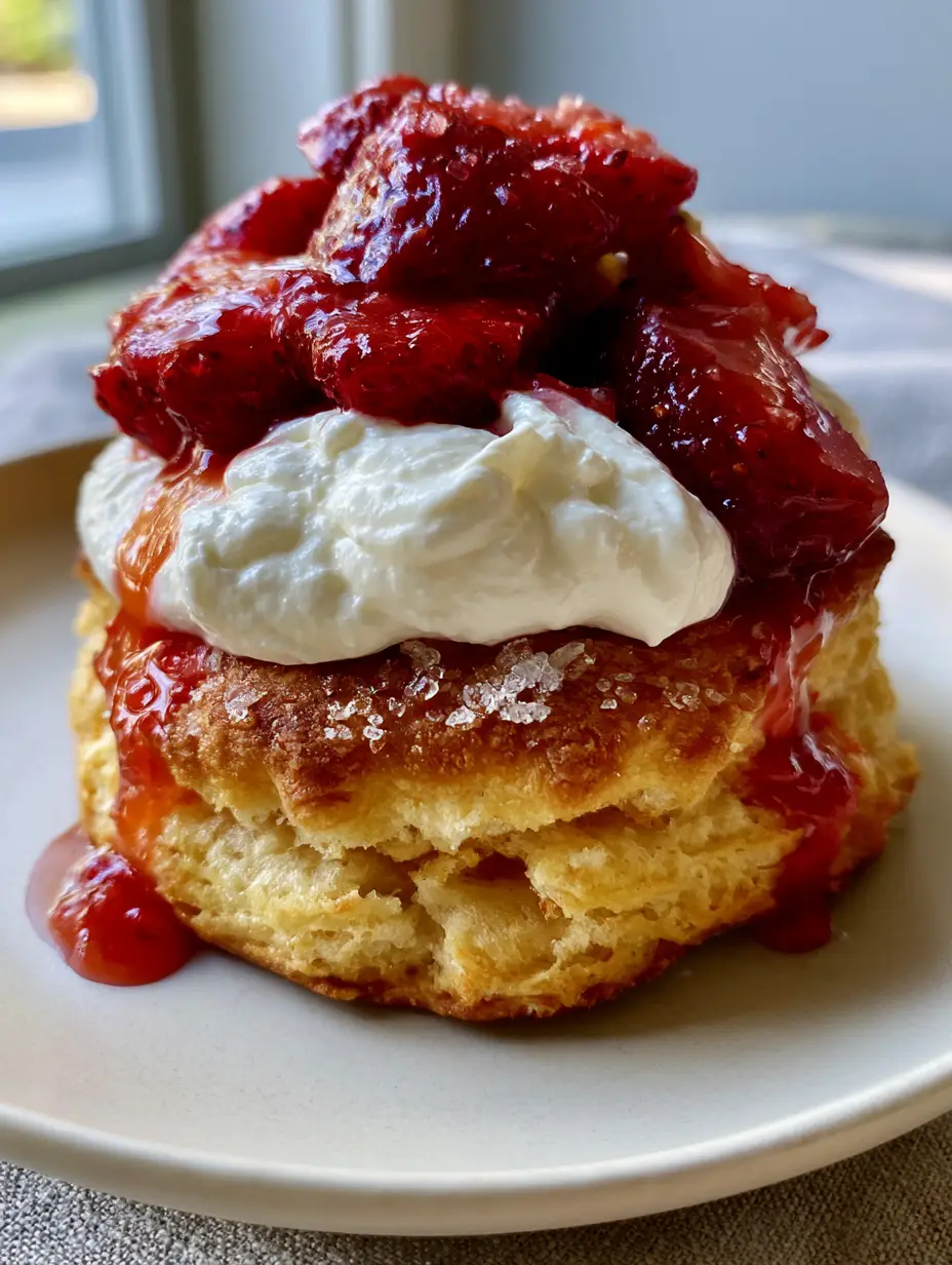 Extreme close-up of a golden-brown buttermilk biscuit split open with stiff-peak vanilla whipped cream and macerated strawberries. (Easy Strawberry Shortcake Recipe)