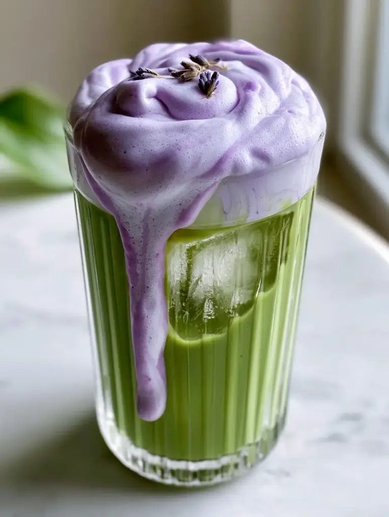 A tall iced drink with vibrant green matcha, large square ice cubes, and purple Lavender Cold Foam topping.