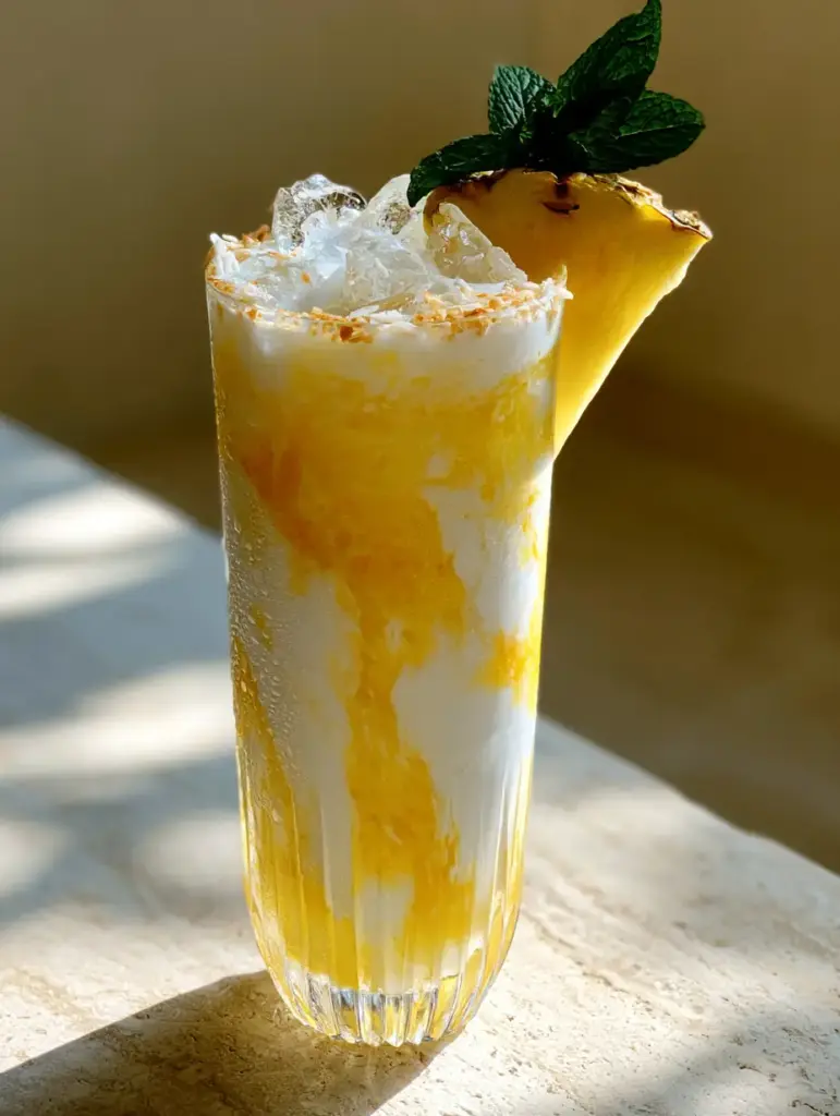 A handheld smartphone style photo of a coconut pineapple lemonade with water condensation on the glass.