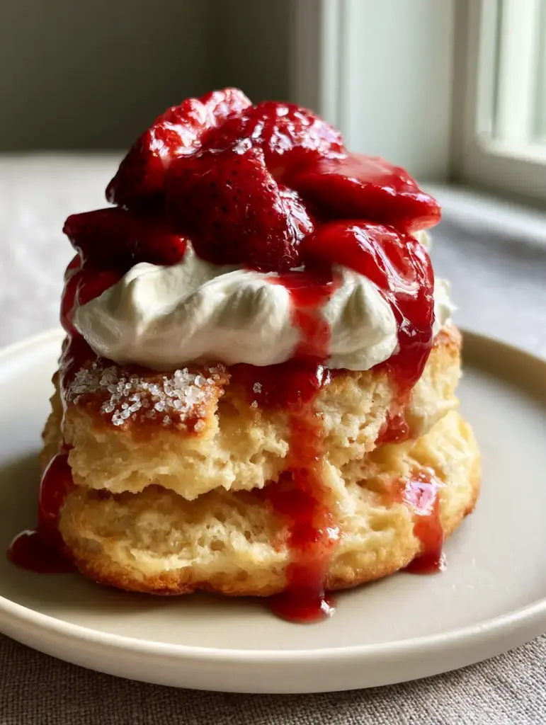 Detailed view of ruby red macerated strawberries and thick translucent syrup drizzling down a sugar-crusted biscuit.