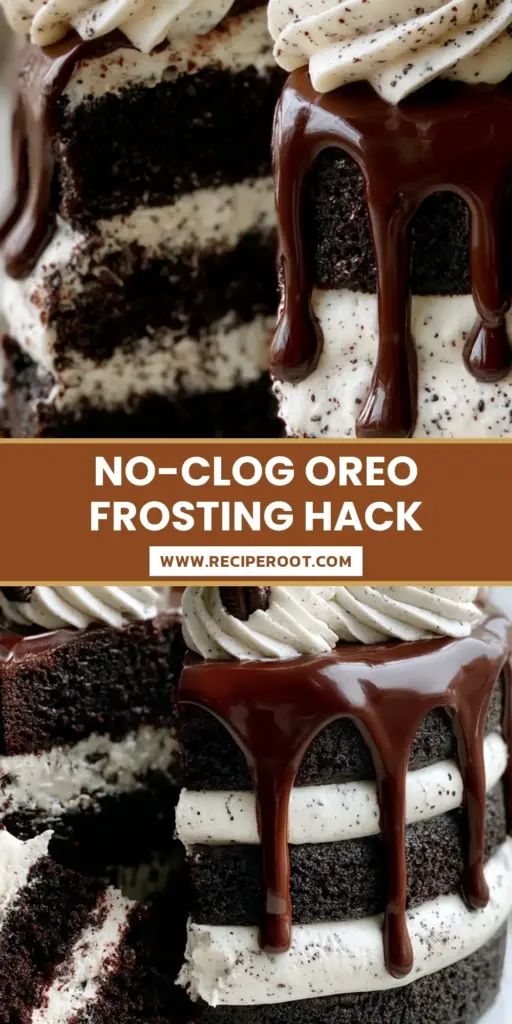 A tall three-layer chocolate Oreo cake with black cocoa sponge and white cookies and cream frosting on a white plate.