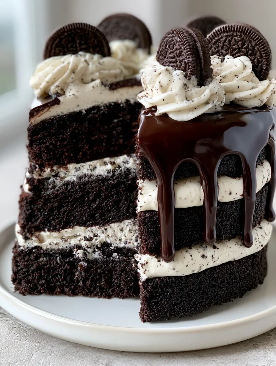 Close-up of a chocolate Oreo cake slice showing the moist black cocoa crumb and white buttercream layers.