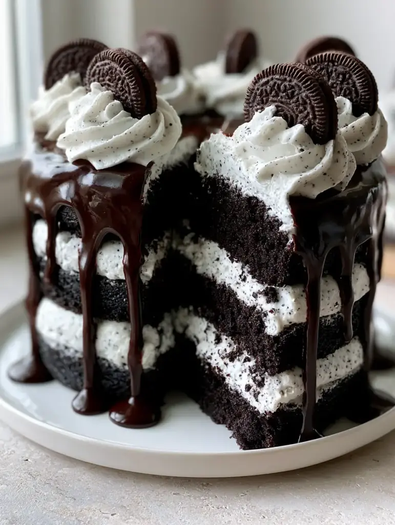 Top view of chocolate Oreo cake featuring piped rosettes and halved Oreo cookies with a chocolate drip.