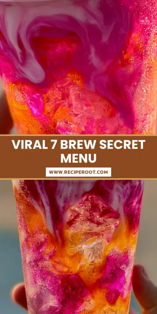 A handheld smartphone photo of a 7 Brew drink called the Pink Flamingo, featuring vibrant neon pink and orange syrup layers with a thick cream float and heavy condensation. (7 Brew drink)