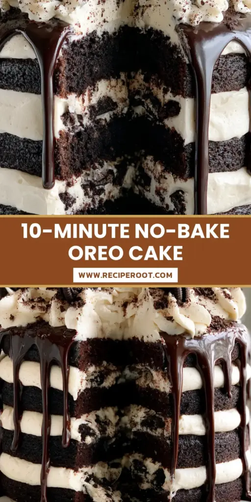 A tall, multi-layered Oreo cake with deep black cocoa sponge, white frosting peaks, whole Oreo cookies, and a glossy chocolate drip.