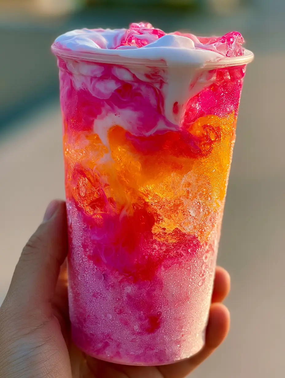 Close up of a 7 Brew drink in a clear plastic cup with sparkling jagged ice and vanilla cold foam marbling. (7 Brew drink)