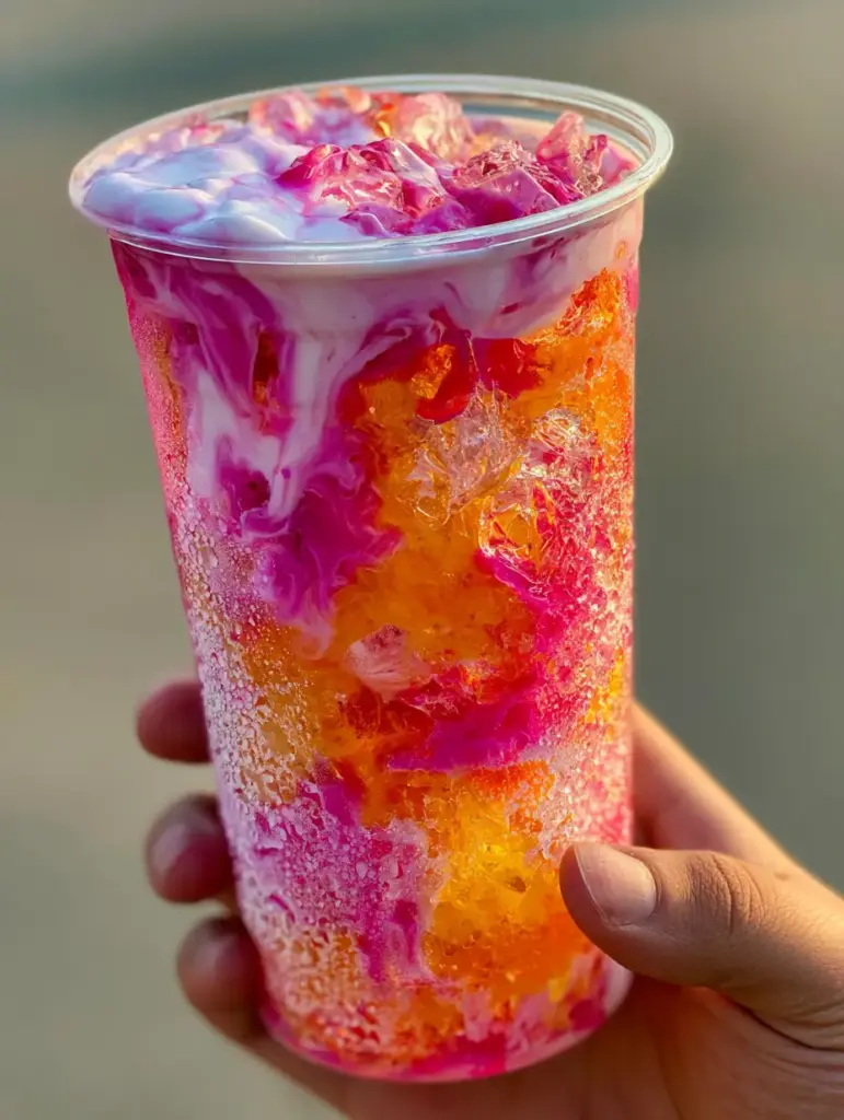 Vibrant orange and pink syrups intermingling in a clear cup with realistic water droplets. (7 Brew drink)