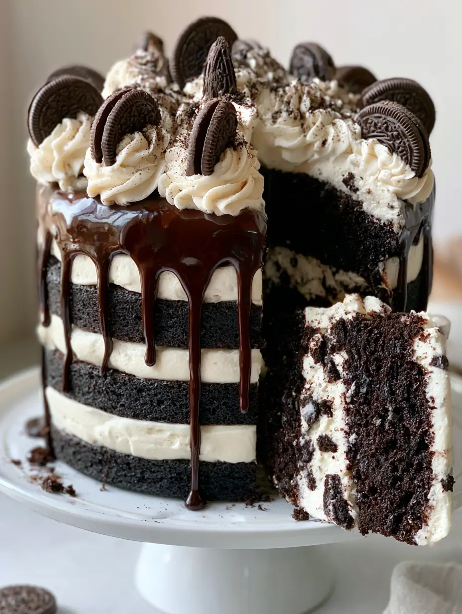 Handheld smartphone photo of a tall Oreo drip cake with thick vanilla bean buttercream and crushed cookie filling.