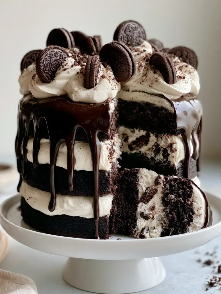 A slice of Oreo cake removed to reveal internal black cocoa layers and crunchy cookies-and-cream filling.