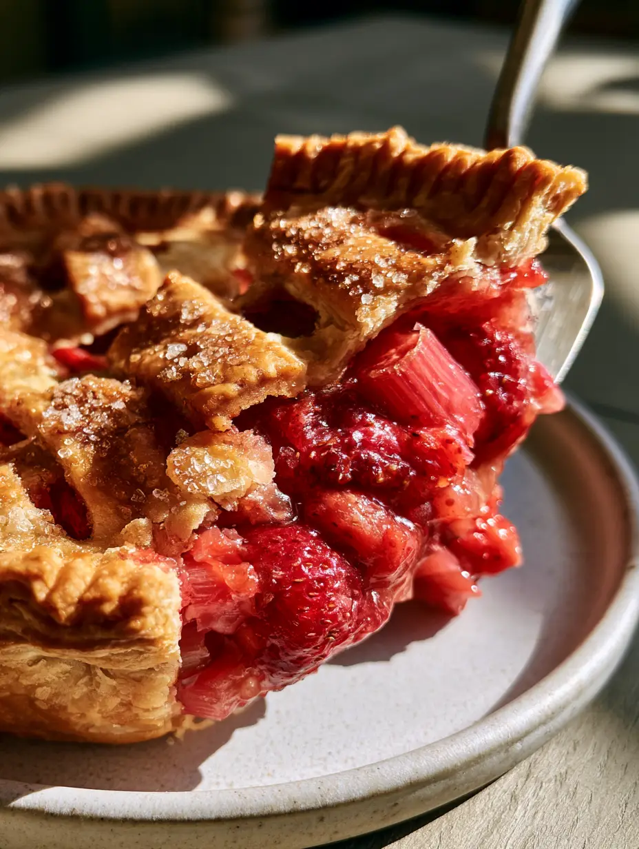 Macro shot of a slice of strawberry rhubarb pie being lifted by a silver server showing the multi-layered flaky pastry. (strawberry rhubarb pie)