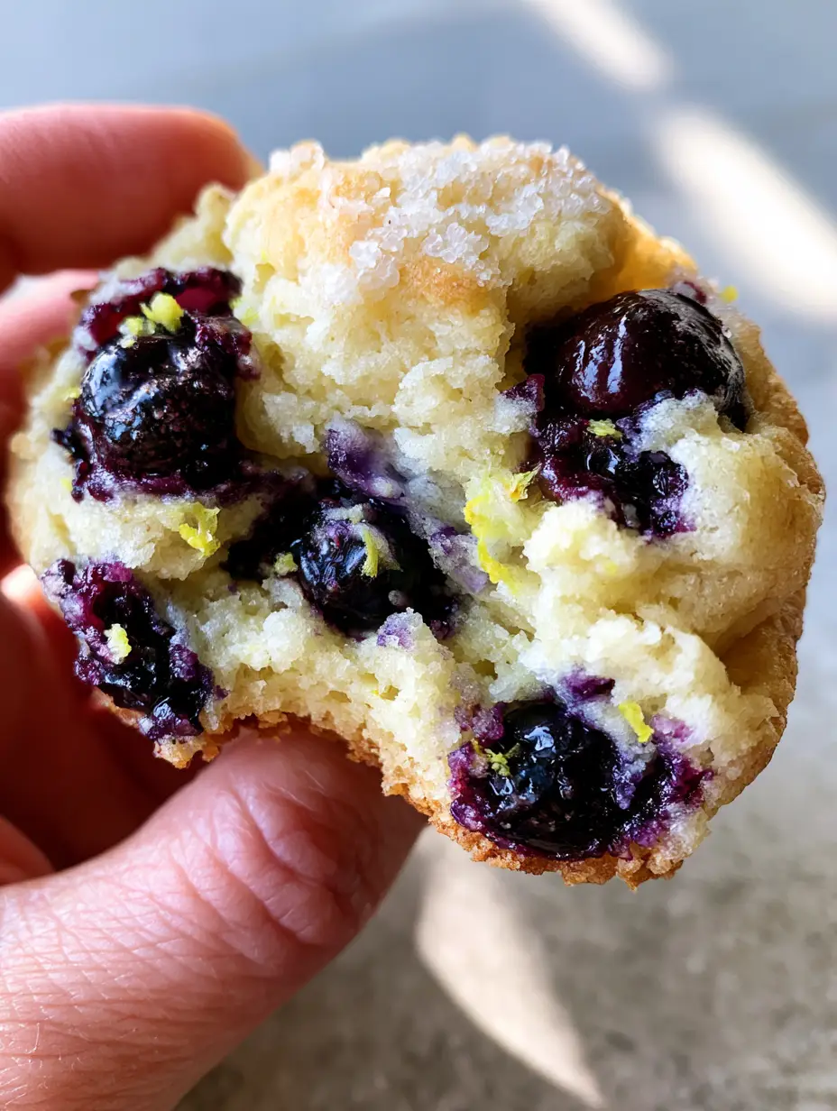 A handheld smartphone photo of a single, thick lemon blueberry cookie being pulled apart to reveal a soft, moist interior.